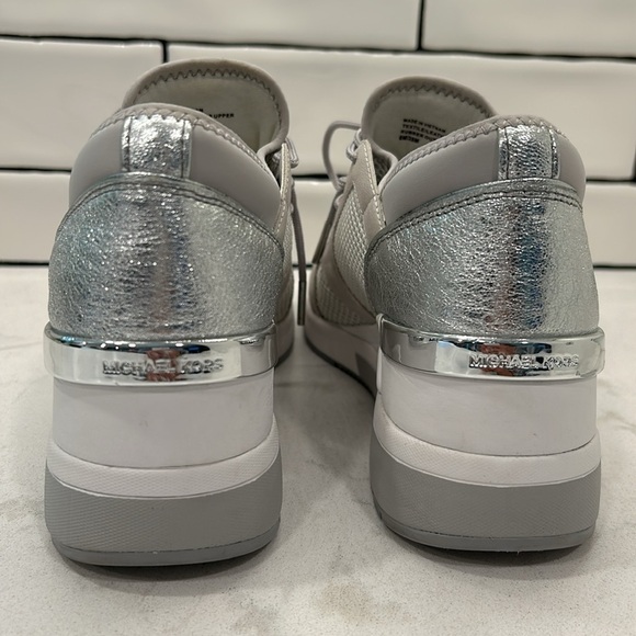 MICHAEL KORS Scout Sneakers Leather Wedge Heel Lace Up Silver Metallic 8M - Picture 5 of 16